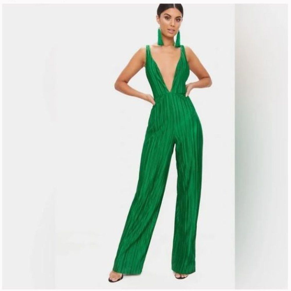 Green plisse plunge strappy jumpsuit - Picture 5 of 7
